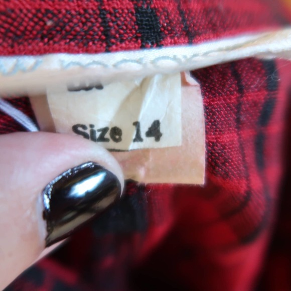 Vintage 80s Lew Magram red and black plaid midi shirt dress 14 - Picture 7 of 8